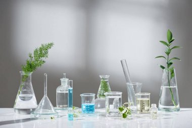 Laboratuvar deney ve araştırma yaprak, petrol ve madde ile doğal ve organik cilt bakım ürün için etiket, bio bilim kavramı için boş şişe ayıklayın. Alternatif Tıp. Spa.