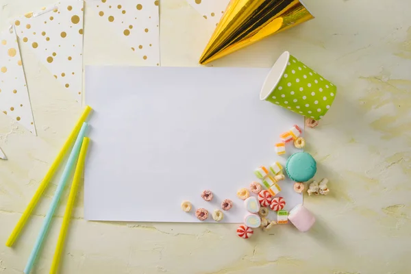 Party Management Organization Concept Sweets Confetti Blank Pages Creative Celebration — Stock Photo, Image