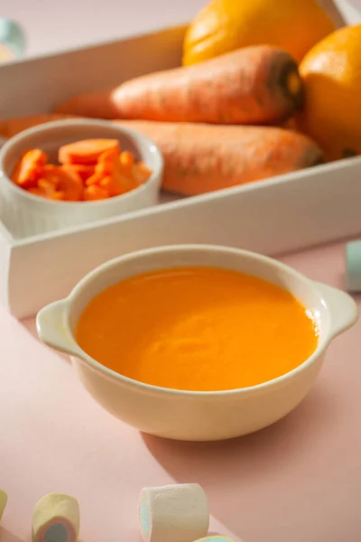 Carrot Baby Puree Bowl Isolated Light Background — Stock Photo, Image