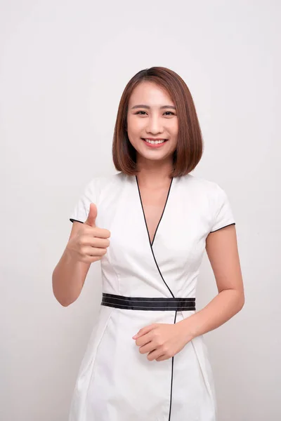 Mujer Negocios Mostrar Pulgar Arriba Aislado Blanco Fondo Belleza Asiática — Foto de Stock