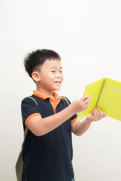 Счастливый Мальчик Книгой Изолированы Белом Фоне — стоковое фото