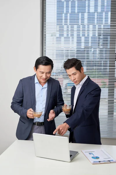 Side View Two Serious Young Businessmen Wearing Black Blue Suits — Stock Photo, Image