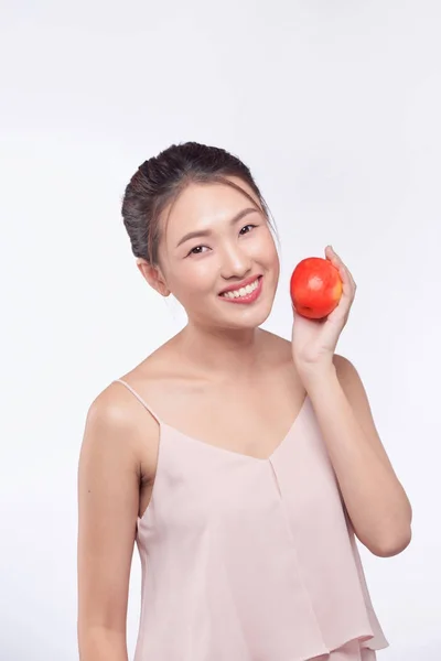 Asiático Joven Hermosa Mujer Sonrisa Celebrar Manzana Mano —  Fotos de Stock