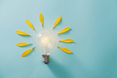 Yaratıcı fikir, mavi arka plan üzerinde ampul ile İlham kavramı