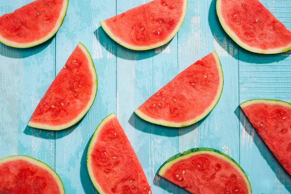 Slices Watermelon Blue Wooden Desk — Stock Photo, Image
