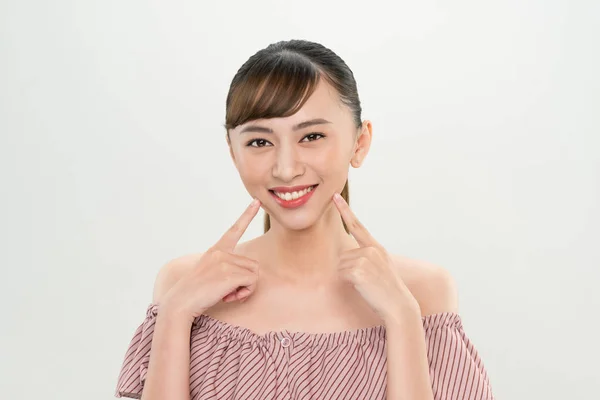 Closeup Young Smiling Woman Face Isolated White — Stock Photo, Image