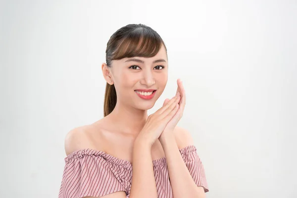 Beleza Mulheres Cuidados Com Pele Com Dente Saúde Fundo Branco — Fotografia de Stock