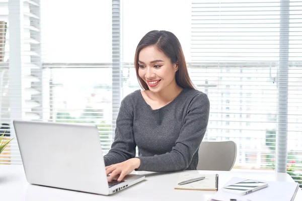 Beautiful Young Asian Woman Laptop Excited — Stock Photo, Image