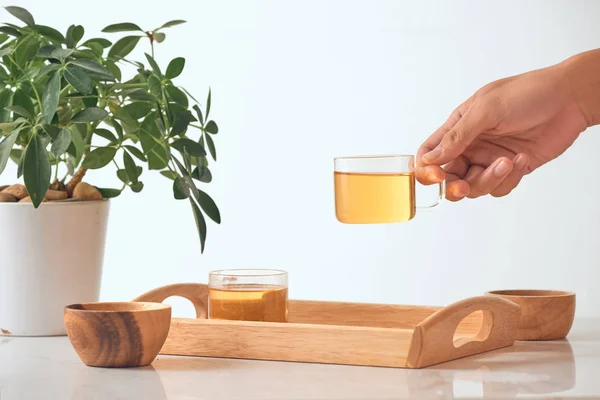 Hand Hold Cup Tea Morning Vintage Tone — Stock Photo, Image