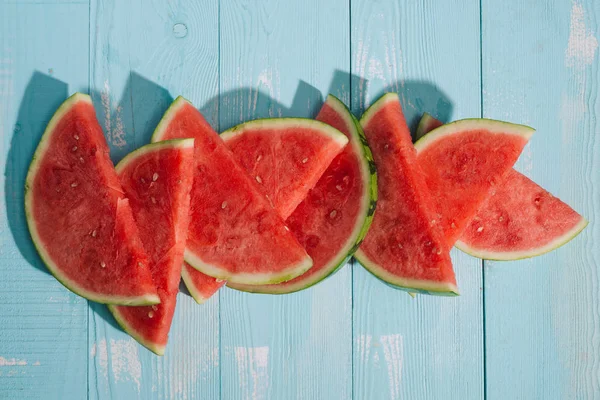 Slices Watermelon Blue Wooden Desk — Stock Photo, Image