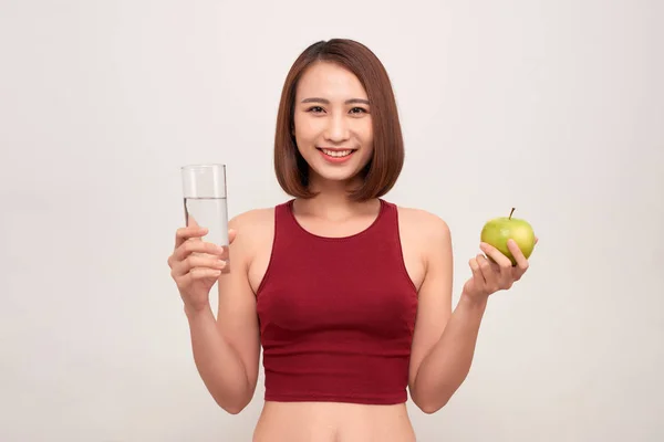 Fitness Frau Isst Apfel Mit Maßband Fit Sportliche Multikulturelle Asiatisch — Stockfoto