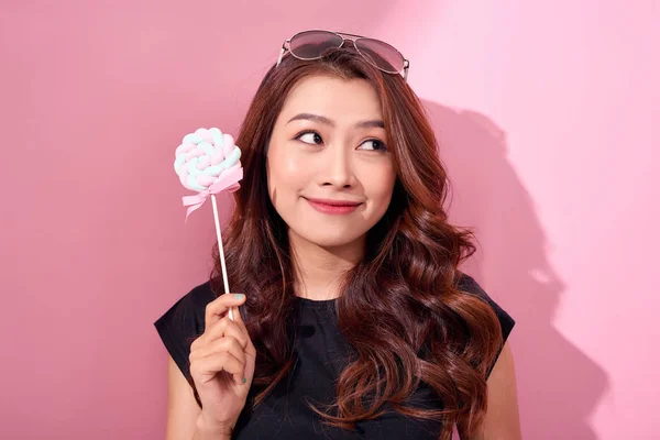 Happy Woman Black Shirt Holds Lollipop Her Hand — Stock Photo, Image