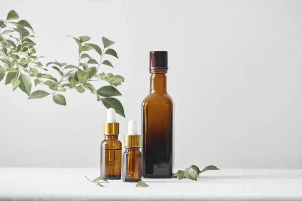 Bottles Aroma Oil Medicines Wooden Background Selective Focus Horizontal — Stock Photo, Image