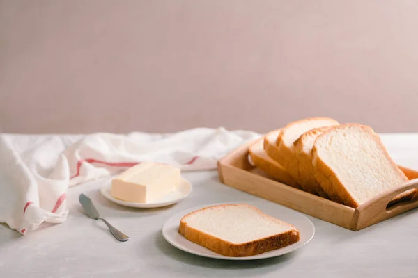 Rebanadas Pan Blanco Mantequilla Disparado Desde Una Vista Ángulo Alto — Foto de Stock