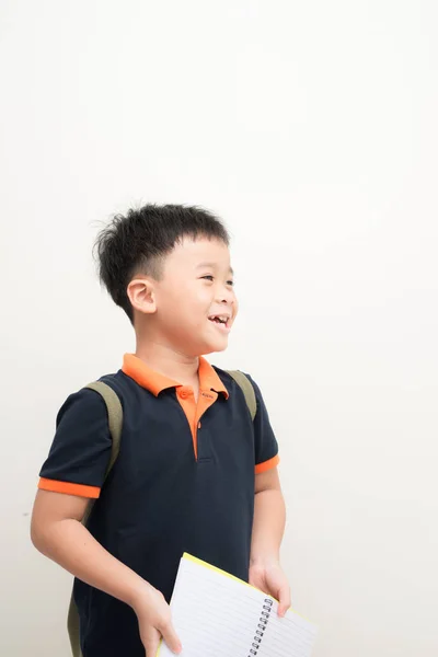 Menino Feliz Com Livro Isolado Fundo Branco — Fotografia de Stock