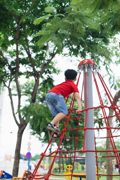 Kleiner Junge Spielt Auf Affen Gittern Auf Spielplatz — Stockfoto