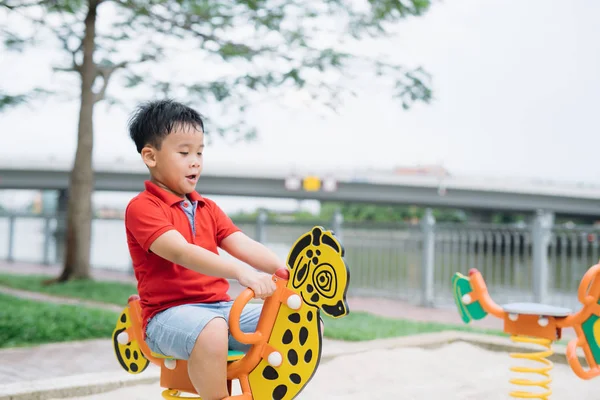 Azjatycka Wietnamski Przystojny Chłopak Siedząc Huśtawce Plac Zabaw — Zdjęcie stockowe