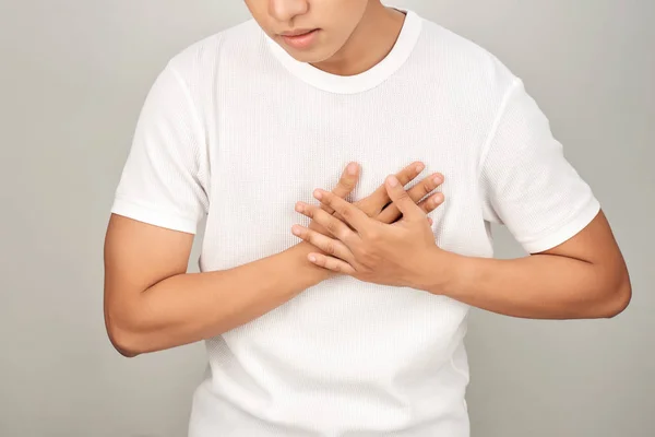 Asian Man Having Tight Chest Heart Attack White Background Sick — Stock Photo, Image