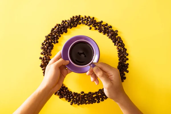 Hand Holding Cup Coffee Yellow Background — Stock Photo, Image