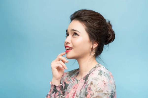 Beautiful Portrait Young Asian Woman Confident Thinking Blue Background — Stock Photo, Image