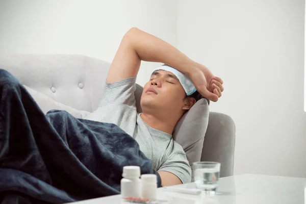 Sick Wasted Man Lying Sofa Suffering Cold Winter Flu Virus — Stock Photo, Image