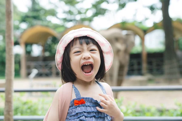 Linda Niña Observando Animales Zoológico Cálido Soleado Día Verano Niños — Foto de Stock