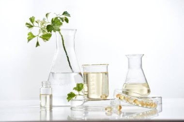 bilim adamı ya da Doktor laboratuvar masa .alternative tedavi bitki bitkisel tıp olun. El ve stetoskop göster. şişe kabı ile.