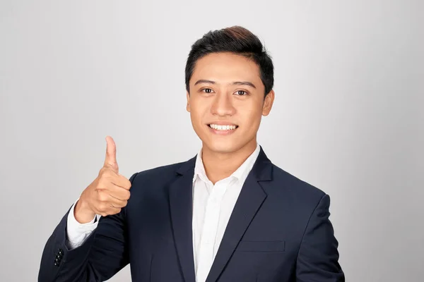 Asiatische Lächelnde Geschäftsmann Zeigt Daumen Nach Oben Eine Hand Isoliert — Stockfoto