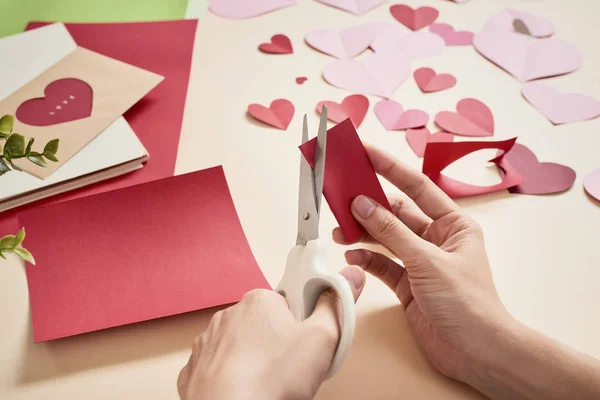 Woman Cuts Out Red Felt Hearts Homemade Crafts Valentine Day — Stock Photo, Image