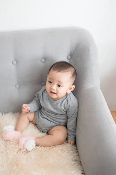 Cute Little Baby Playing Home Gray Room — Stock Photo, Image