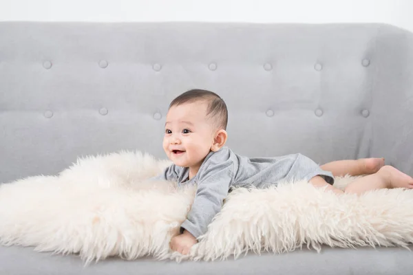Cute Happy Baby Portrait Lying Fur — Stock Photo, Image