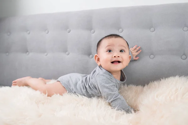 Cute Happy Baby Portrait Lying Fur — Stock Photo, Image