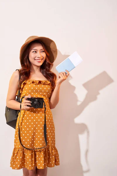 Expressive Tourist Woman Summer Casual Clothes Hat Holding Passport Tickets — Stock Photo, Image