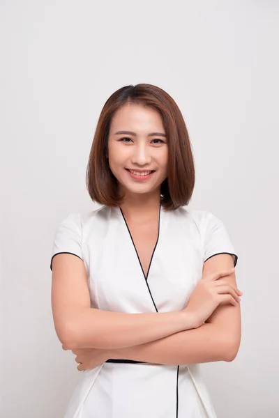 Leende Asiatisk Affärskvinna Vit Bakgrund — Stockfoto