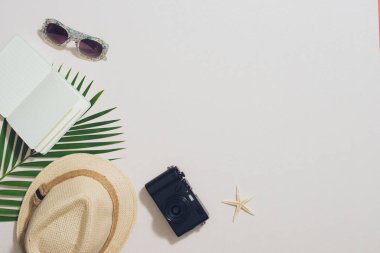 Renkli yaz tatilleri moda düz yatıyordu - hasır şapka, kamera, güneş gözlüğü, ligh arka plan üzerinde deniz kabukları
