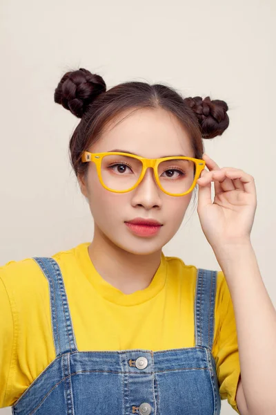 Portrait Asian Holding Her Glasses Two Hair Buns Wear Jeans — Stock Photo, Image