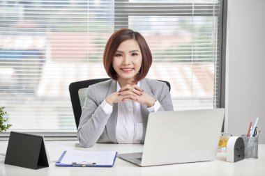 İş kadını ofiste dizüstü bilgisayarını kullanarak. İş adamları