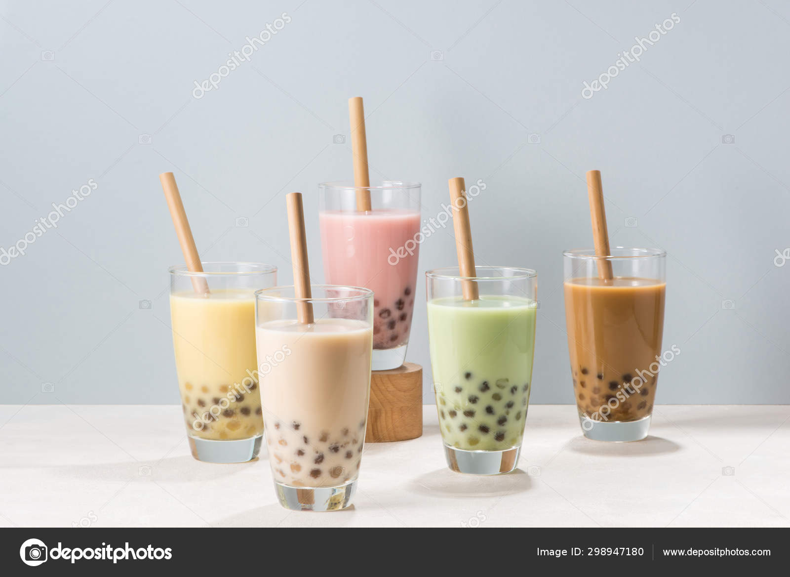 Five Glasses Healthy Milky Boba Bubble Tea Flavored Fresh Fruit Stock Photo  by ©makidotvn 298947180