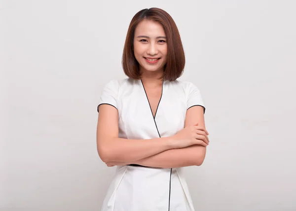 Sorridente Asiatico Business Donna Sfondo Bianco — Foto Stock