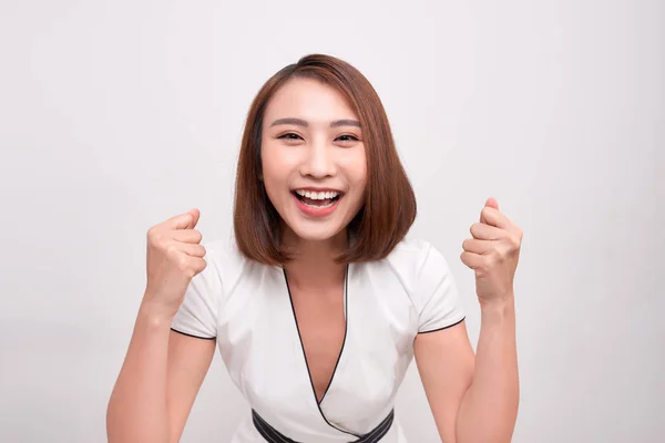 Asijská Žena Pocitem Radosti Dotkla Tváře Radostí Štěstím — Stock fotografie