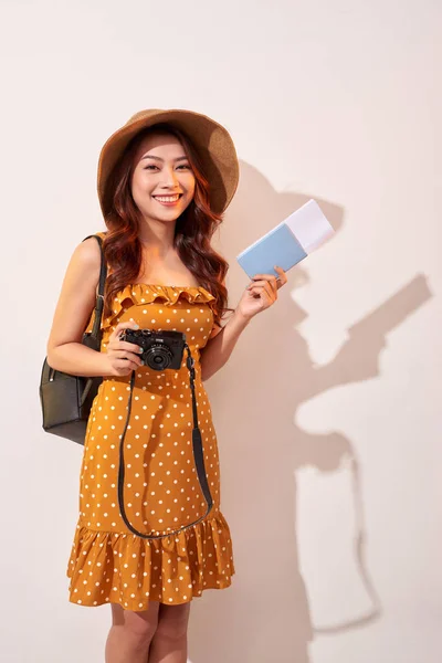 Expressive Tourist Woman Summer Casual Clothes Hat Holding Passport Tickets — Stock Photo, Image