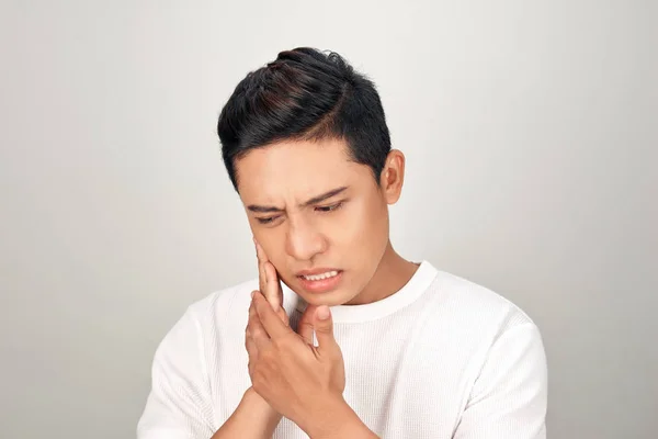 Portrait Asian Men Worry Eyes Use Hand Touching His Cheek — Stock Photo, Image