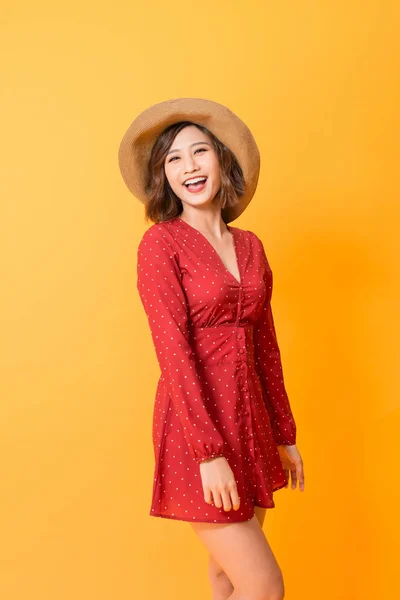 Studio Shot Happy Energetic Asian Woman Wearing Red Dress Straw — Stock Photo, Image