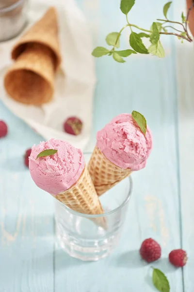 Homemade Raspberry Ice Cream Waffle Cones Rustic Wooden Background Selective — Stock Photo, Image
