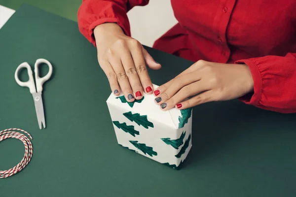 Female Hands Wrap Christmas Gift Blue Background Close Xmas Concept — Stock Photo, Image