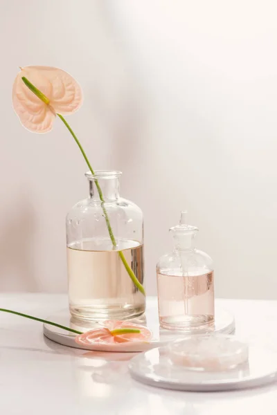 Butelki Różnych Perfum Olejów Stole — Zdjęcie stockowe
