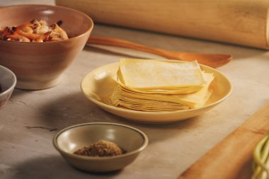 Hong Kong tarzı Wonton malzemeler: karides, zemin domuz eti ve mutfakta wonton sarmalayıcıları