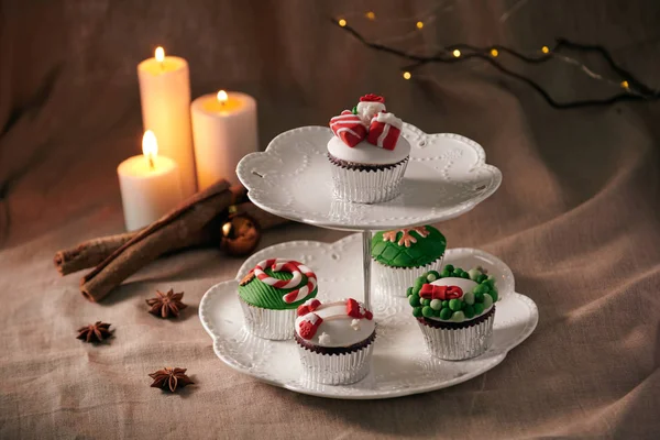 Christmas Sweets Cupcakes Closeup Linen Background — Stock Photo, Image