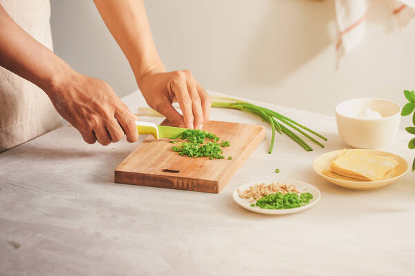 Wrapping Wonton and raw ingredients isolated at kitchen