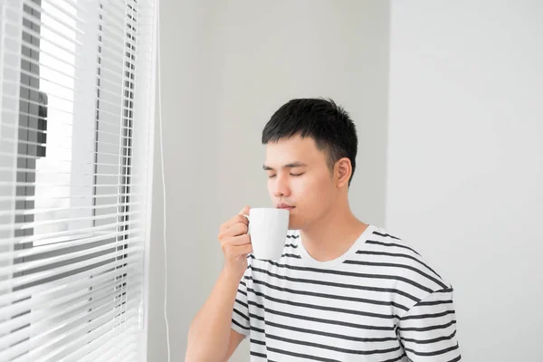 Young Handsome Carefree Man Modern Full Length Window Enjoying Cup — Stock Photo, Image
